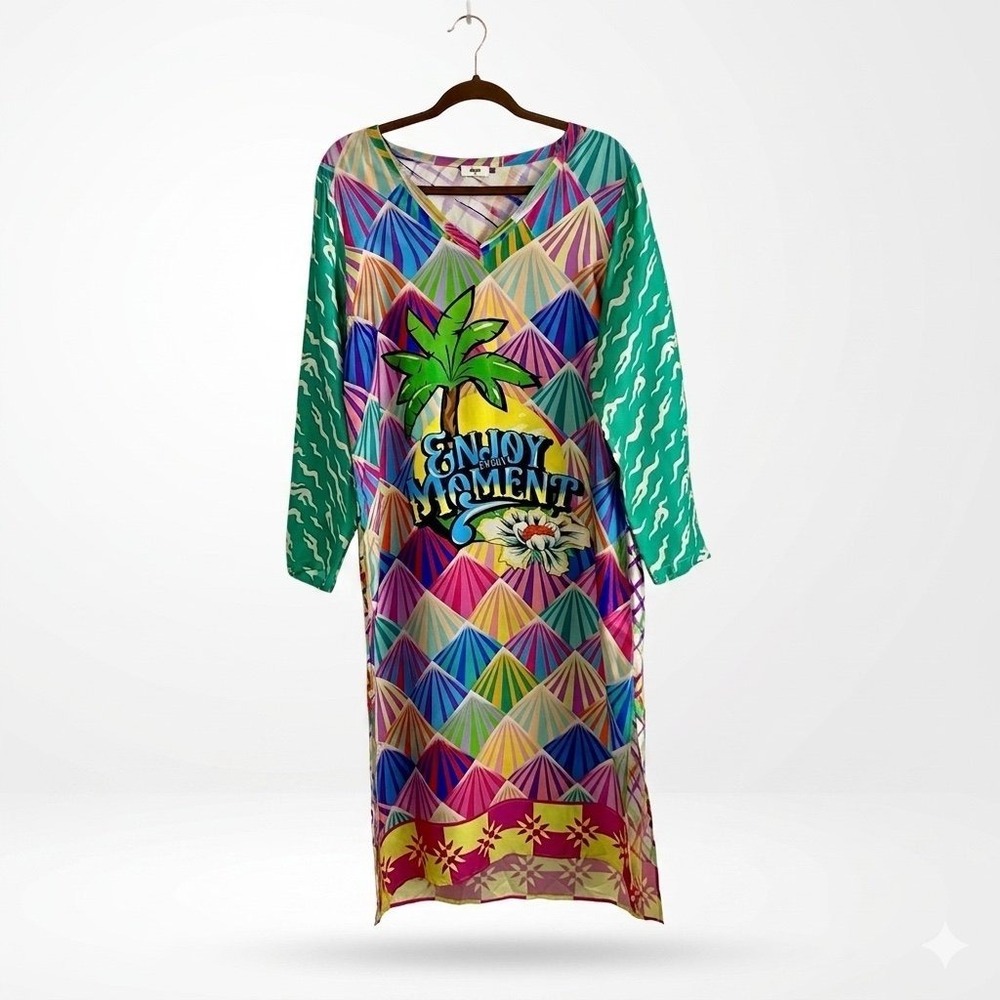 Me369 Dress Size Medium Colorful Graphic‎ Print Viscose Enjoy Every Moment Boho